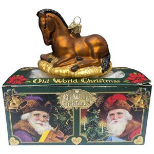 Old World Christmas Horse Ornament Glass Brown Foal on Hay Glitter OWC #12305